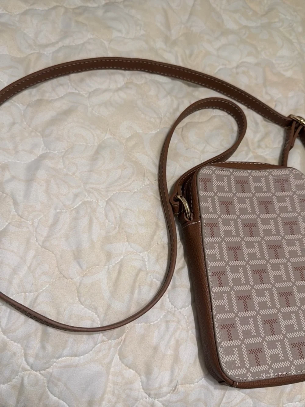 Tommy Hilfiger Brown Beige Monogram Crossbody Phone Bag